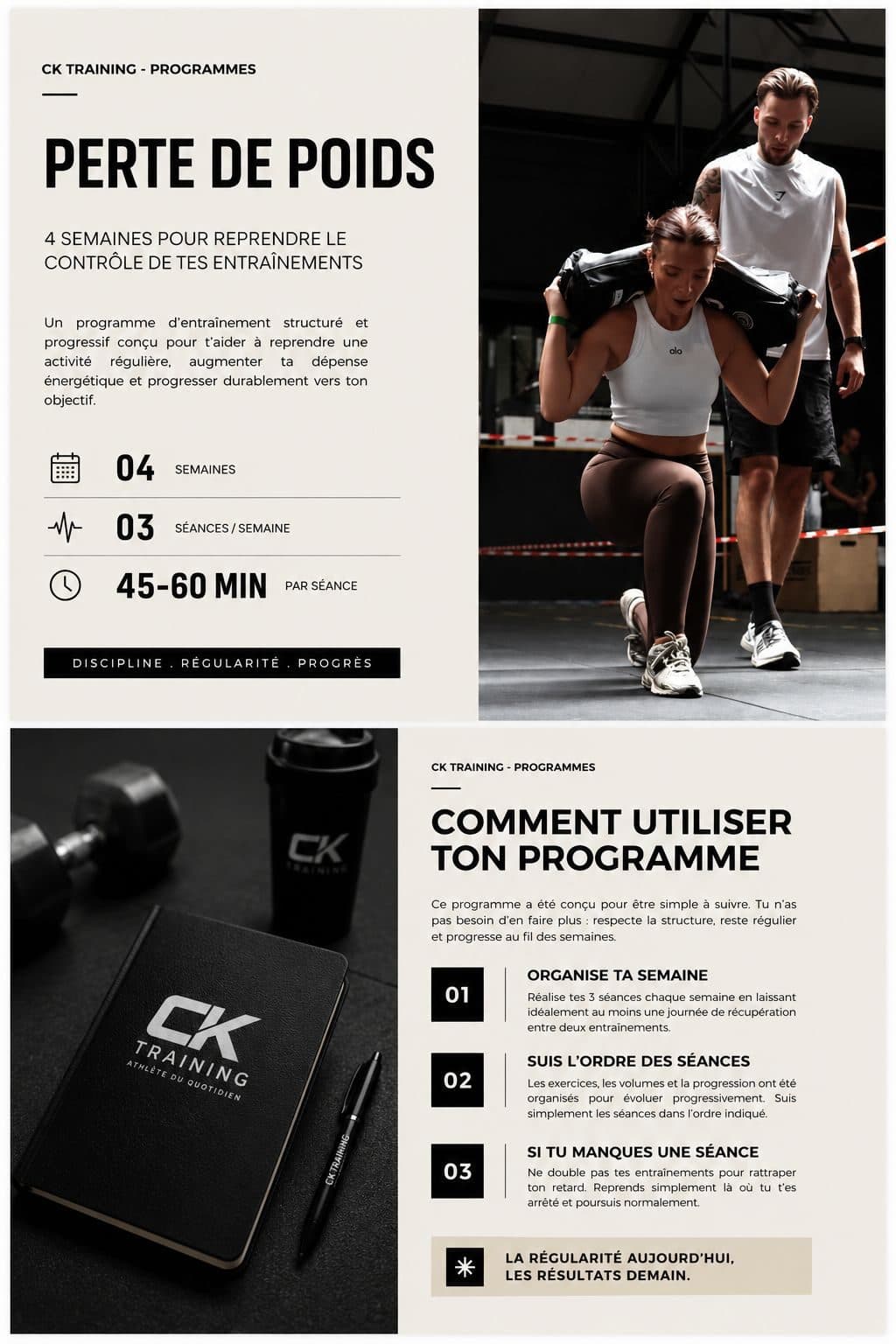 Deux pages du programme : la présentation — 4 semaines, 3 séances par semaine, 45 à 60 minutes — puis « Comment utiliser ton programme » en trois points.