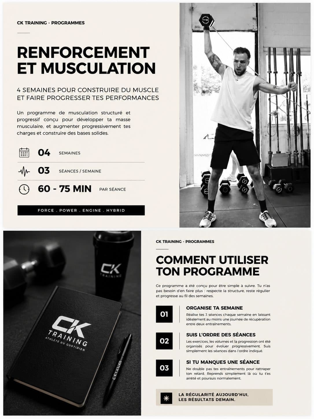 Deux pages du programme : la présentation — 4 semaines, 3 séances par semaine, 60 à 75 minutes — puis « Comment utiliser ton programme » en trois points.