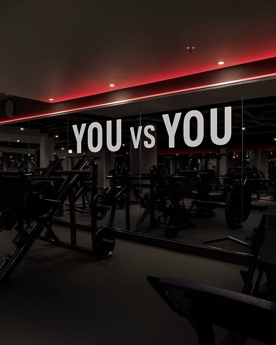 Une salle de musculation déserte, éclairée de rouge, avec « YOU VS YOU » peint sur le miroir.